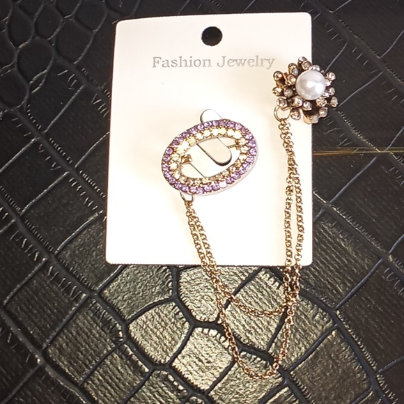 Tanzanite & Pearl Rhinestoned Chain Brooch - Picture 1 of 11